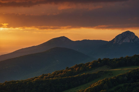 Beautiful sunset in the mountains. Carpathians, Ukraine, Europe.の素材