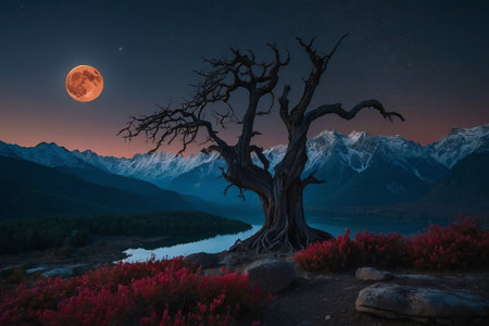 Full moon over mountain landscape with dead tree and lake at night in full moon lightの素材