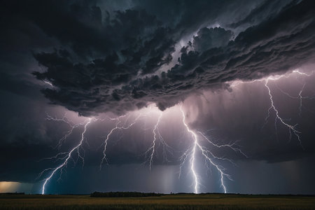 Thunderstorm in the field. Dramatic sky, lightning strike.の素材