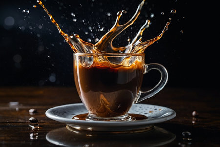 Coffee splashes in cup on wooden table, dark backgroundの素材