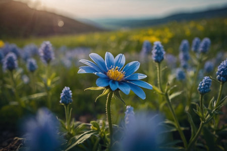 Beautiful blue flowers in the meadow in the mountains at sunsetの素材