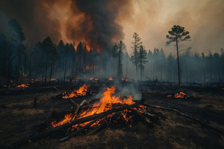 Forest fire, burning pine trees and dry grass in the foreground.の素材