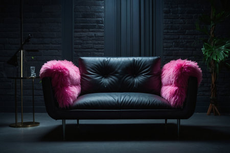 Black leather sofa with pink fur in the dark room. 3d renderingの素材