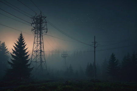 Power line in a foggy forest at dawn. Carpathians, Ukraineの素材