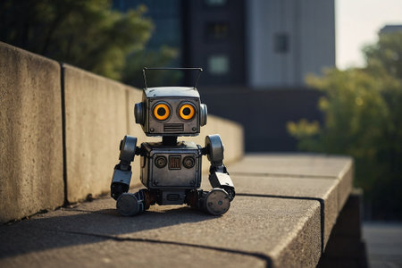 A toy robot stands on the sidewalk.の素材