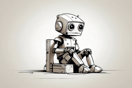 cartoon robot sitting on a suitcase, hand drawn vector illustration.の素材