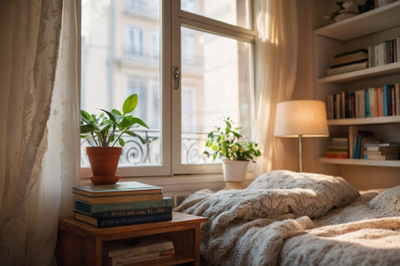 Interior of a cozy room with a window, books and plantsの素材