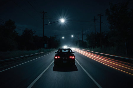 car on the road at night with motion blur lights, long exposureの素材