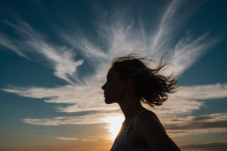 Silhouette of a beautiful young woman with long hair at sunsetの素材
