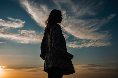 Silhouette of a young woman with long hair at sunset.の素材