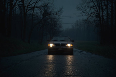 Old car on a foggy road in the forest at night.の素材