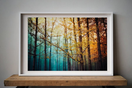 Wooden shelf with picture of autumn forest in frame on wall backgroundの素材