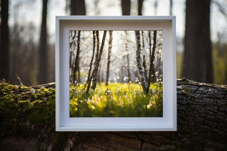 Blank picture frame in the forest with spring blossom background.の素材