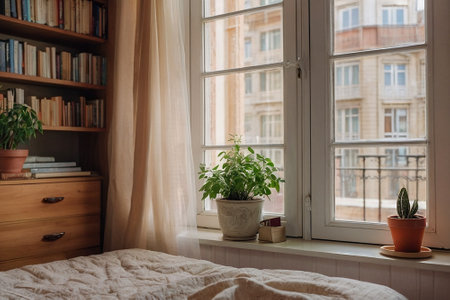Interior of a cozy bedroom with a large window, bookshelf and plantsの素材