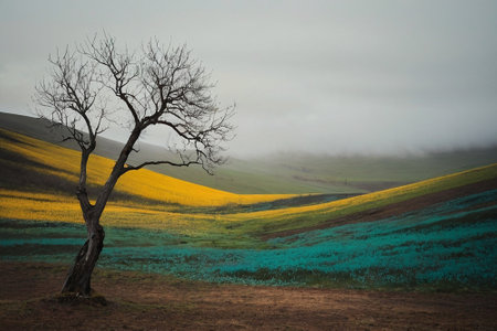 Lonely tree in a field of yellow and blue flowers.の素材