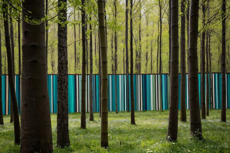 Park in springtime with green trees and blue wooden fence in backgroundの素材