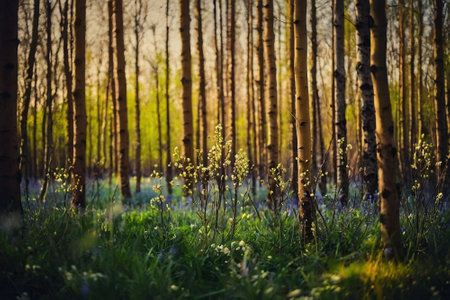 Sunset or sunrise in a spring birch grove with young green leaves and flowers.の素材