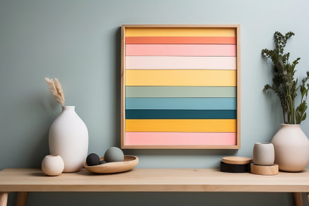 Wooden shelf with vase and decor elements on color wall backgroundの素材