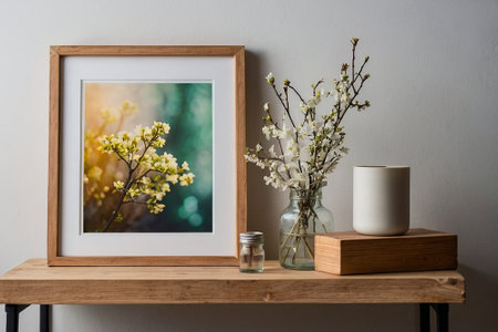 White wooden frame mockup with flowers in vase on wooden shelfの素材