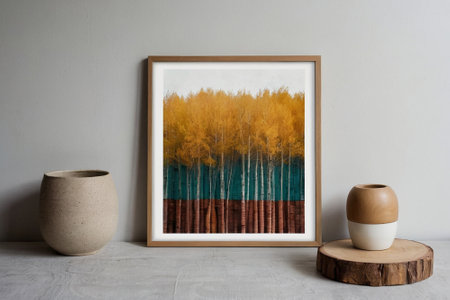 Minimalistic scandinavian interior design. Minimalistic scandinavian still life with mock up poster frame, vase, coffee cup and birch tree.の素材