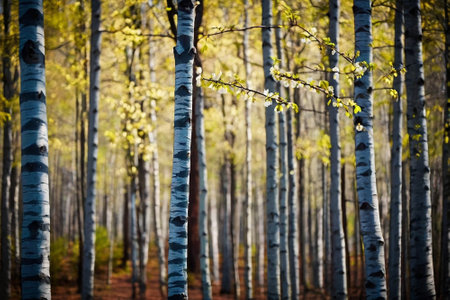 birch forest in autumn colors with sunbeams and shadowsの素材