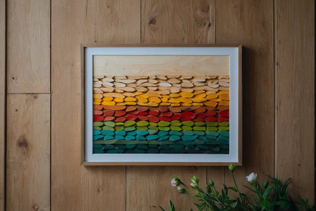 A picture of a rainbow in a frame on a wooden background.の素材