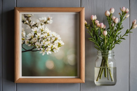 Beautiful spring flowers in a glass vase on a wooden backgroundの素材