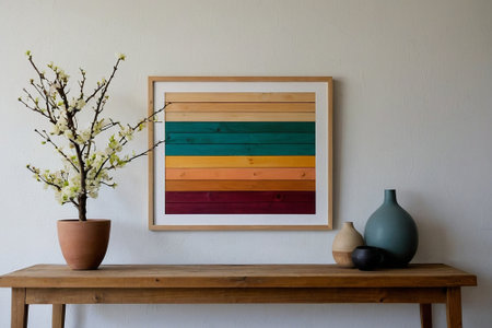 Wooden frame and vase with spring blossom flower on shelfの素材