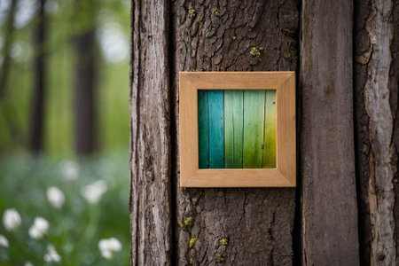 Wooden photo frame on a tree trunk in a spring forest.の素材