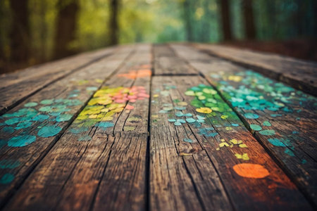 Colorful paint splashes on a wooden boardwalk in the forestの素材
