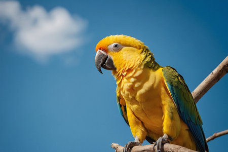 beautiful yellow macaw sitting on a branch against the blue skyの素材