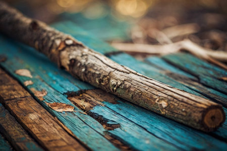 Wooden log on old blue wooden background. Shallow depth of fieldの素材