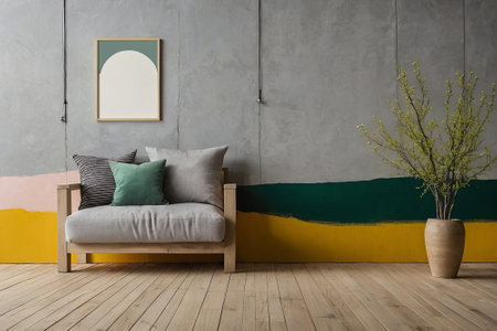 interior of modern living room with brown sofa and wooden armchairの素材