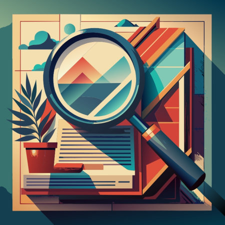 magnifying glass and books on the table, vector illustration.の素材