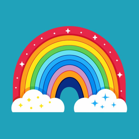 Rainbow with clouds and stars. Flat design style. Vector illustration.の素材