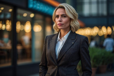 Portrait of a beautiful businesswoman with blond hair in the cityの素材