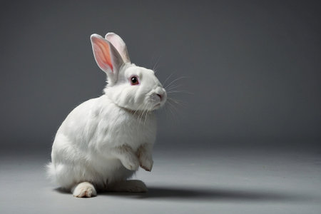 White rabbit isolated on gray background. Studio shot with light shadow.の素材