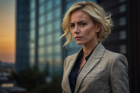 Young beautiful blonde businesswoman in an urban setting. Short hair.の素材