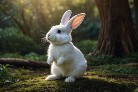 White rabbit sitting on a green moss in the forest. Easter background.の素材