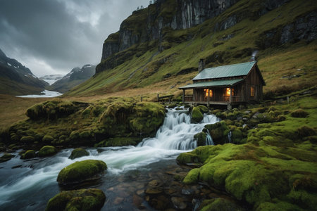 Beautiful icelandic landscape with waterfall and wooden house in summerの素材