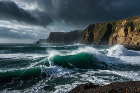 Stormy Atlantic ocean at Cliffs of Moher, County Clare, Irelandの素材