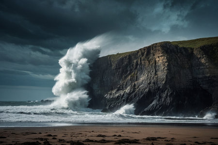 Dramatic seascape with stormy ocean waves crashing on the beach.の素材