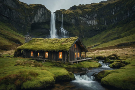 Icelandic wooden house with a waterfall in the background. Long exposure.の素材