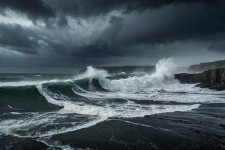 Stormy weather in the Atlantic Ocean, north of Portugal, Europeの素材