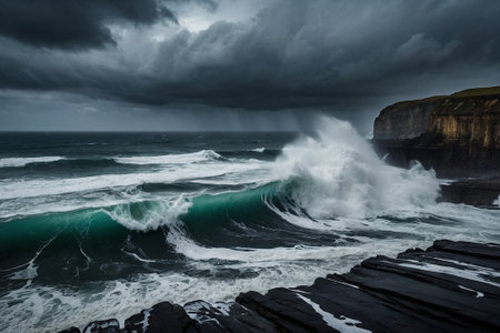 Stormy seascape with stormy sky and waves. Icelandの素材