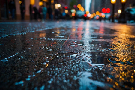 Raindrops on the wet asphalt in the city. Blurred backgroundの素材