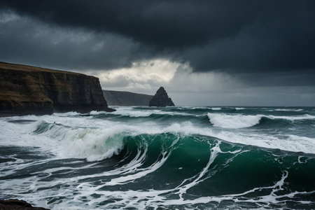 Stormy seascape with stormy sky, Iceland, Europeの素材