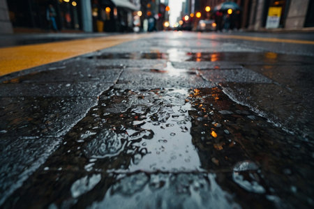Raindrops on a wet street in New York City, USA.の素材