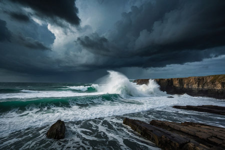 Stormy weather at the coast of Cornwall, England, UK.の素材