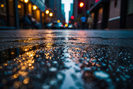 Raindrops on the asphalt in the city at night. Shallow depth of field.の素材